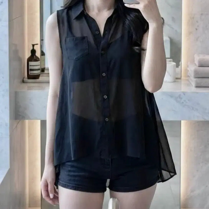 [BUNJANG] Black Sleeveless Sheer Blouse / 에이블리 블랙 시스루 셔츠 민소매 블라우스