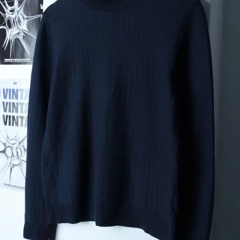 [BUNJANG] Customellow Knit Turtleneck Striped Navy Sweater / (L) 커스텀멜로우 니트 목폴라 스트라이프 네이비 울-175CE