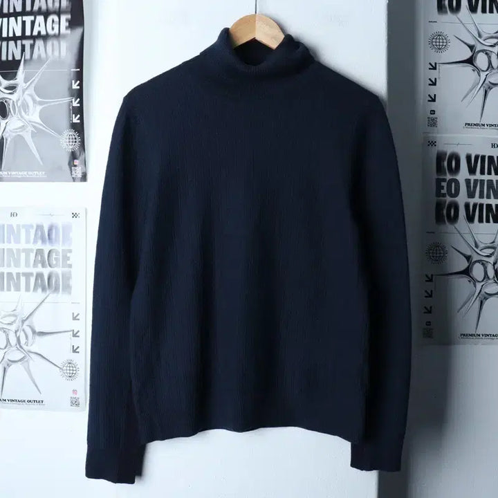 [BUNJANG] Customellow Knit Turtleneck Striped Navy Sweater / (L) 커스텀멜로우 니트 목폴라 스트라이프 네이비 울-175CE