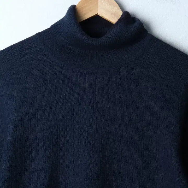 [BUNJANG] Customellow Knit Turtleneck Striped Navy Sweater / (L) 커스텀멜로우 니트 목폴라 스트라이프 네이비 울-175CE