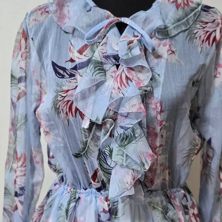 [BUNJANG] Floral See-Through Mini Dress Light Sky Blue / 플라워 시스루  미니 원피스 연한 하늘색