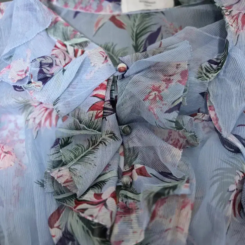 [BUNJANG] Floral See-Through Mini Dress Light Sky Blue / 플라워 시스루  미니 원피스 연한 하늘색