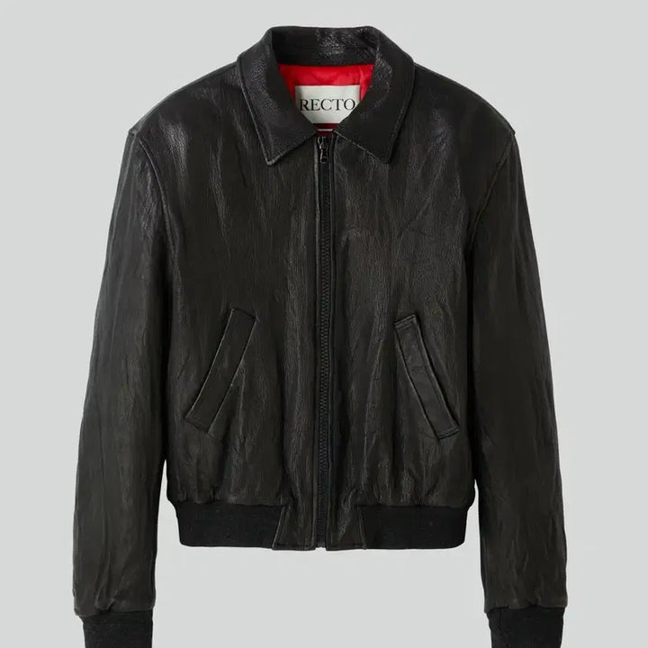 [BUNJANG] RECTO Crinkle Leather Jumper - Black / 렉토 벤 크링클 레더 점퍼 블랙