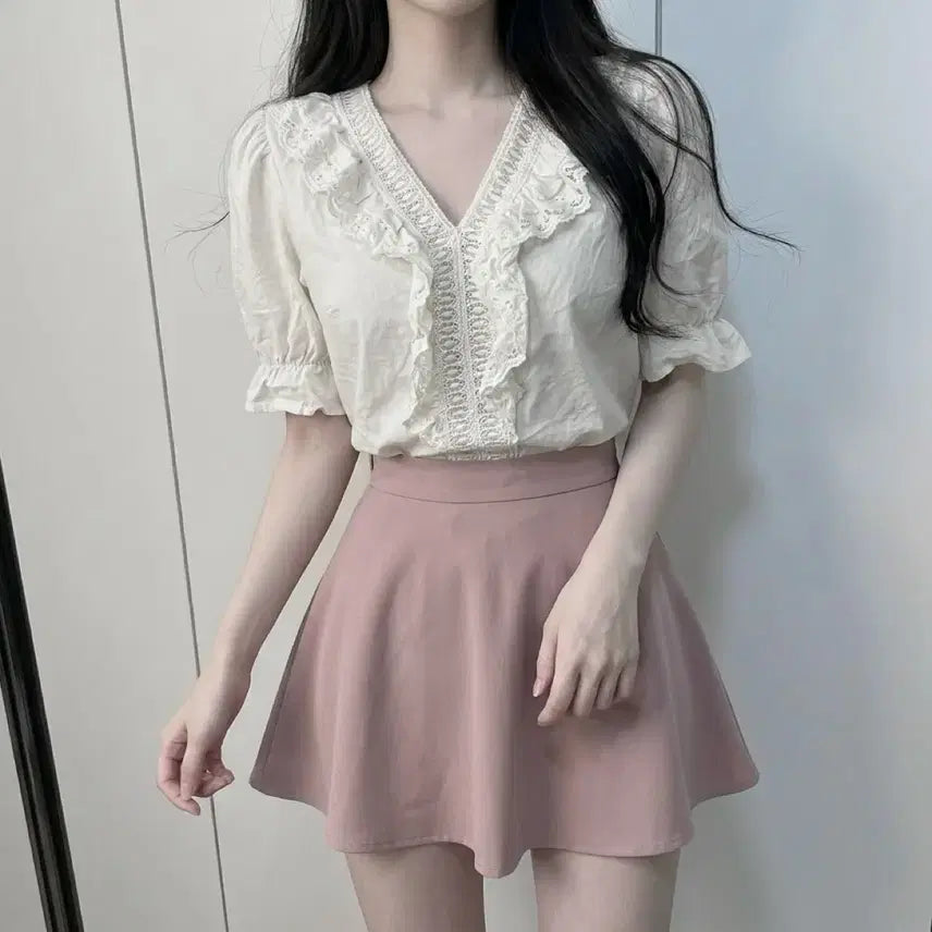 [BUNJANG] Avely Lace Blouse Ivory Puff Sleeve Top / 당일발송) 화이트 레이스 퍼프 블라우스