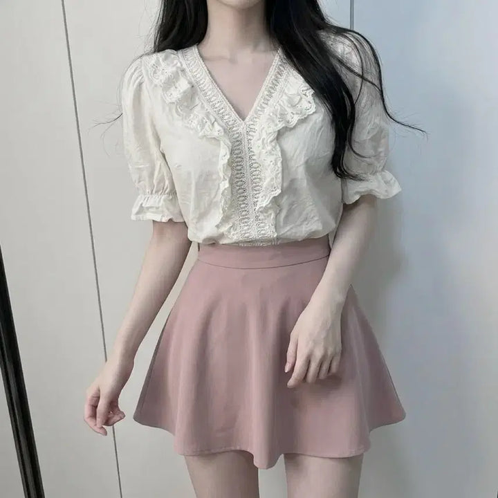 [BUNJANG] Avely Lace Blouse Ivory Puff Sleeve Top / 당일발송) 화이트 레이스 퍼프 블라우스