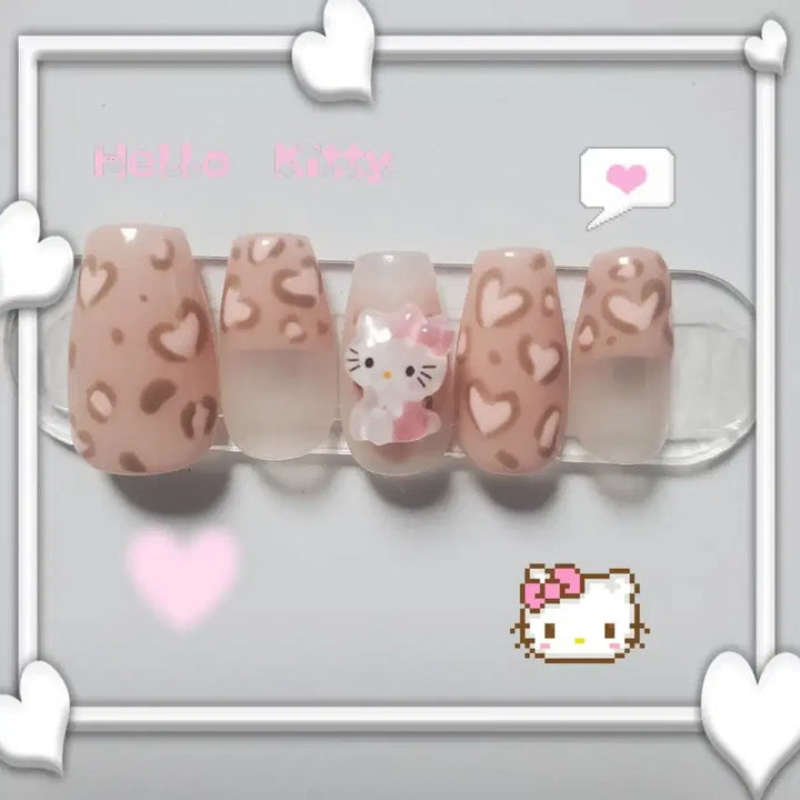[BUNJANG] Kitty Heart Leopard Nail Set / 키티 하트 레오파드 네일