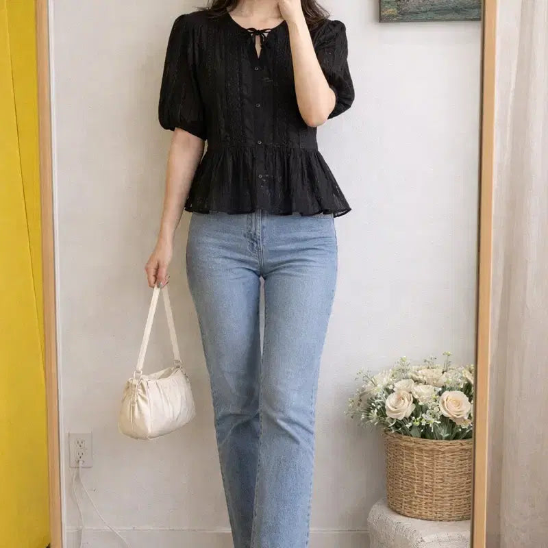 [BUNJANG] GU Lace Ribbon Blouse / GU 리본넥 레이스 블라우스/블랙 XL/여리핏 페플럼/하객룩 데이트룩