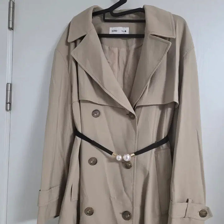 [BUNJANG] Beige Trench Coat with Pearl Belt Set / 베이지 트렌치코트 + 진주 벨트 세트