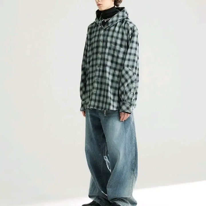 [BUNJANG] Allen Checkered Hooded Shirt Blue / 알렌느 체크후드셔츠 블루 1
