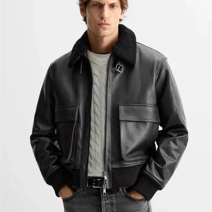 [BUNJANG] ZARA Leather Aviator Jacket - L / 자라 레더 에비에이터 자켓 L사이즈 가죽 자켓