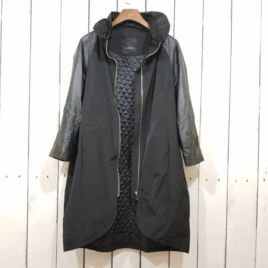 [BUNJANG] VALENCIA Leather Accented Collar String Coat / 발렌시아 VALENCIA 가죽 배색 카라스트링 코트