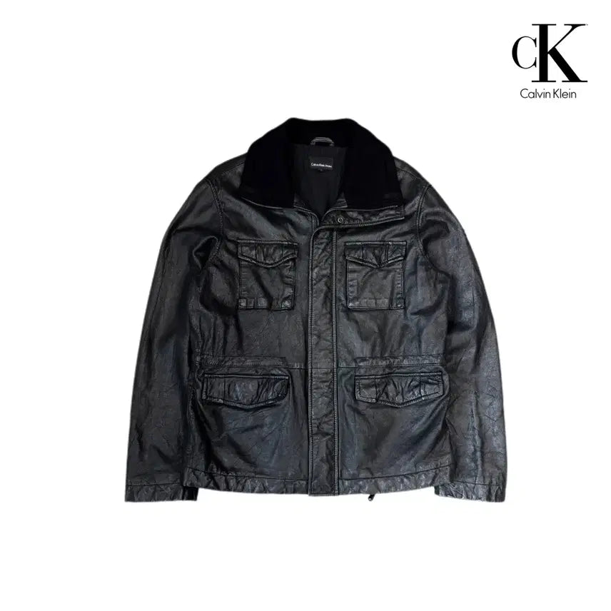 [BUNJANG] Calvin Klein Cowhide High-Neck Multi-Pocket Leather Jacket / 캘빈클라인 소가죽 하이넥 멀티포켓 리얼레더 가죽자켓