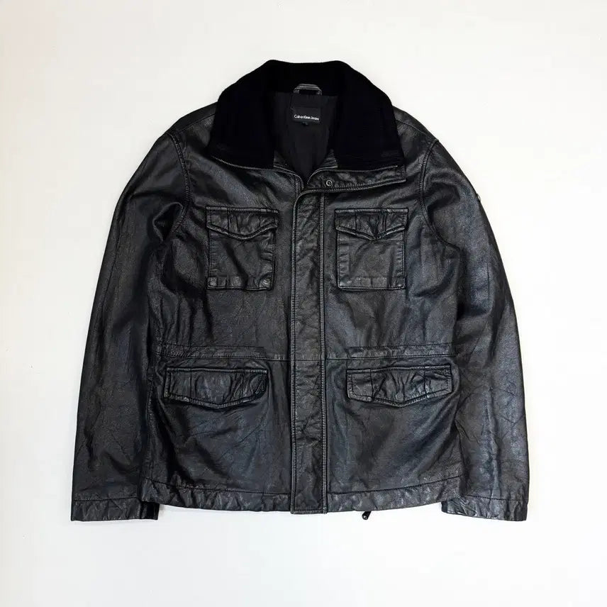 [BUNJANG] Calvin Klein Cowhide High-Neck Multi-Pocket Leather Jacket / 캘빈클라인 소가죽 하이넥 멀티포켓 리얼레더 가죽자켓