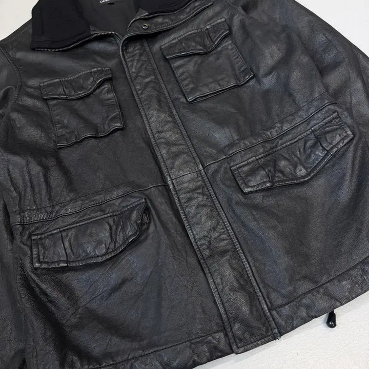[BUNJANG] Calvin Klein Cowhide High-Neck Multi-Pocket Leather Jacket / 캘빈클라인 소가죽 하이넥 멀티포켓 리얼레더 가죽자켓