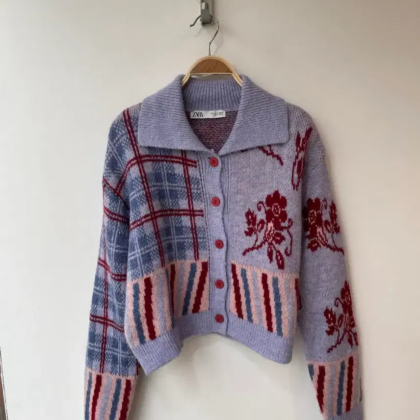 [BUNJANG] ZARA Jacquard Flower Check Pattern Knit Cardigan / 자라 자카드 플라워 체크 패턴 니트 가디건 S