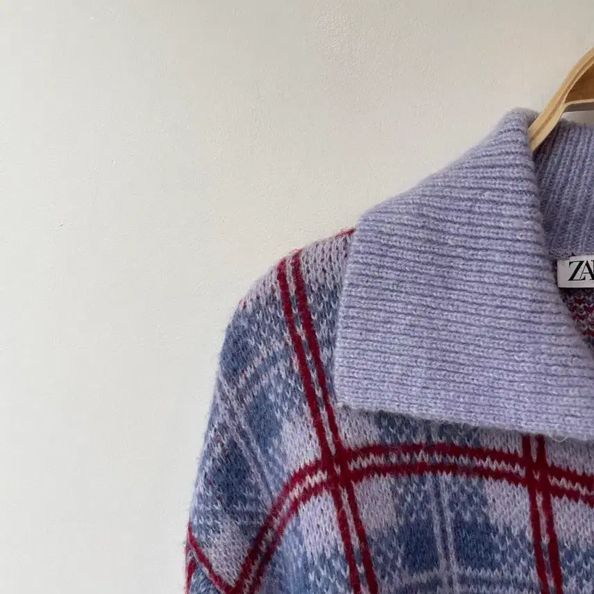 [BUNJANG] ZARA Jacquard Flower Check Pattern Knit Cardigan / 자라 자카드 플라워 체크 패턴 니트 가디건 S