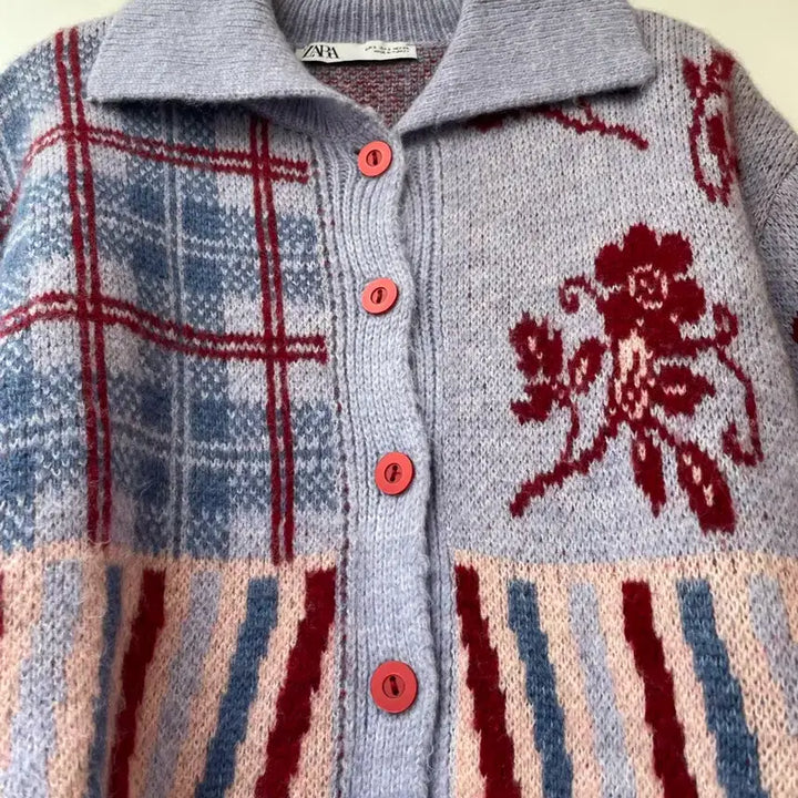 [BUNJANG] ZARA Jacquard Flower Check Pattern Knit Cardigan / 자라 자카드 플라워 체크 패턴 니트 가디건 S