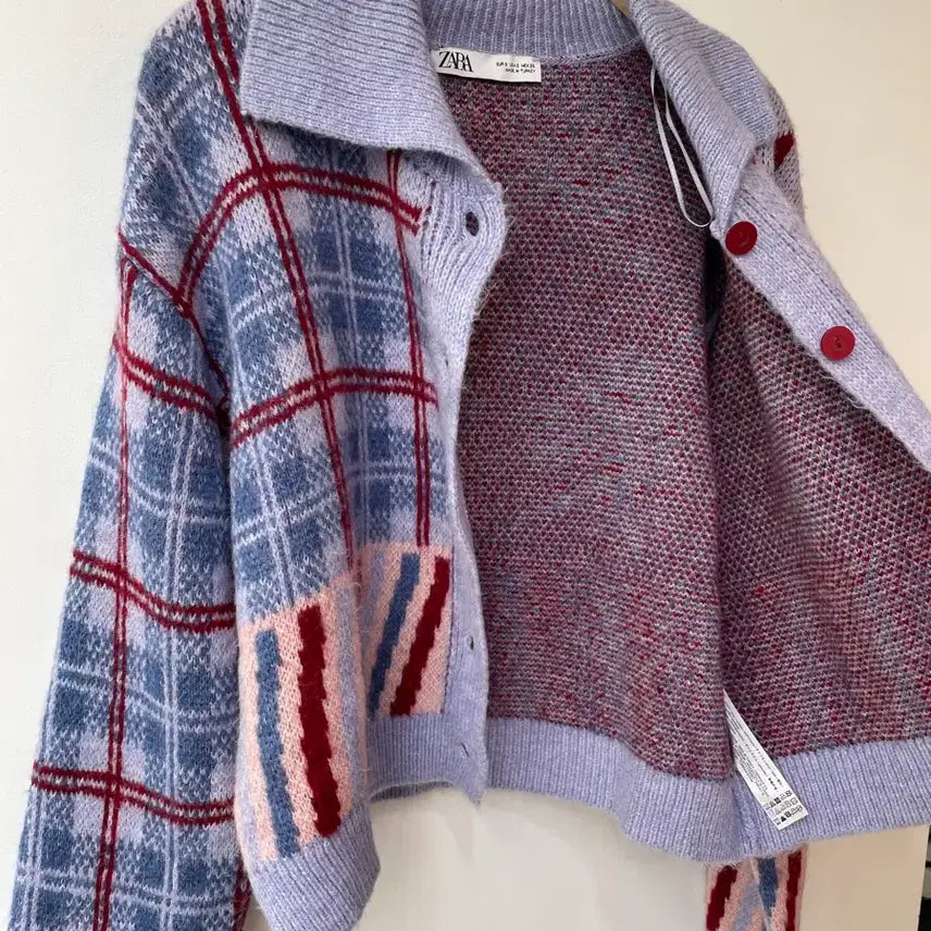 [BUNJANG] ZARA Jacquard Flower Check Pattern Knit Cardigan / 자라 자카드 플라워 체크 패턴 니트 가디건 S