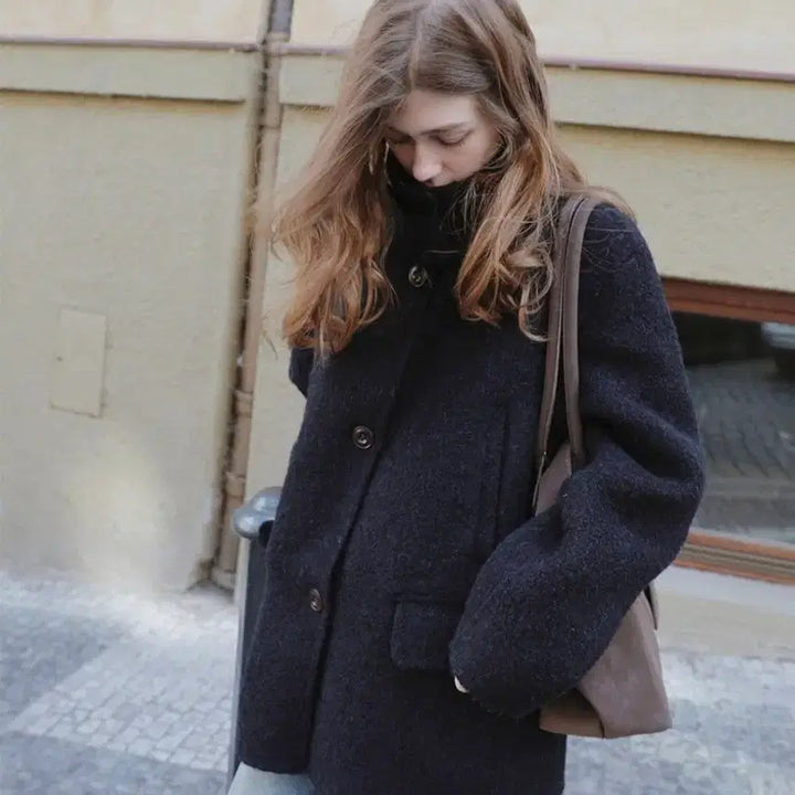 [BUNJANG] Slowand Made First Side Pocket Boucle Half Coat Navy / 슬로우앤드 made. 퍼스트 사이드포켓 부클 하프코트 네이비