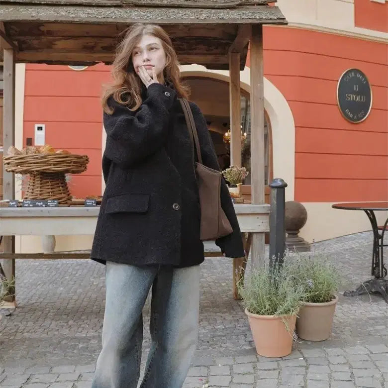 [BUNJANG] Slow and Made Boucle Half Coat - Navy / 슬로우앤드 made. 퍼스트 사이드포켓 부클 하프코트 네이비