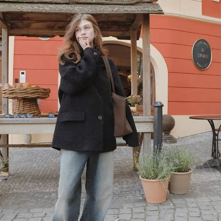 [BUNJANG] Slow and Made Boucle Half Coat - Navy / 슬로우앤드 made. 퍼스트 사이드포켓 부클 하프코트 네이비