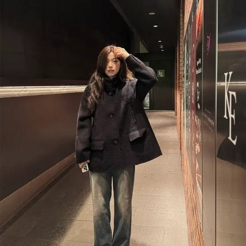 [BUNJANG] Slow and Made Boucle Half Coat - Navy / 슬로우앤드 made. 퍼스트 사이드포켓 부클 하프코트 네이비