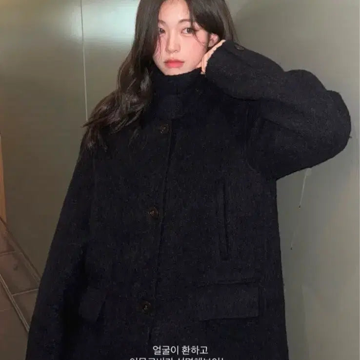 [BUNJANG] Slowand Made First Side Pocket Boucle Half Coat Navy / 슬로우앤드 made. 퍼스트 사이드포켓 부클 하프코트 네이비