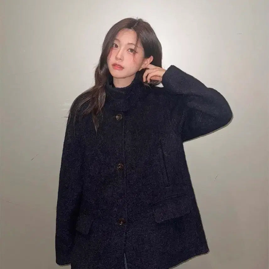 [BUNJANG] Slow and Made Boucle Half Coat - Navy / 슬로우앤드 made. 퍼스트 사이드포켓 부클 하프코트 네이비