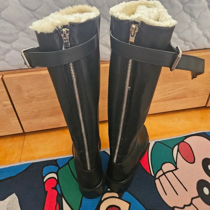 [BUNJANG] Black Leather Long Boots / 225  새상품 털 롱 부츠 판매 합니다.