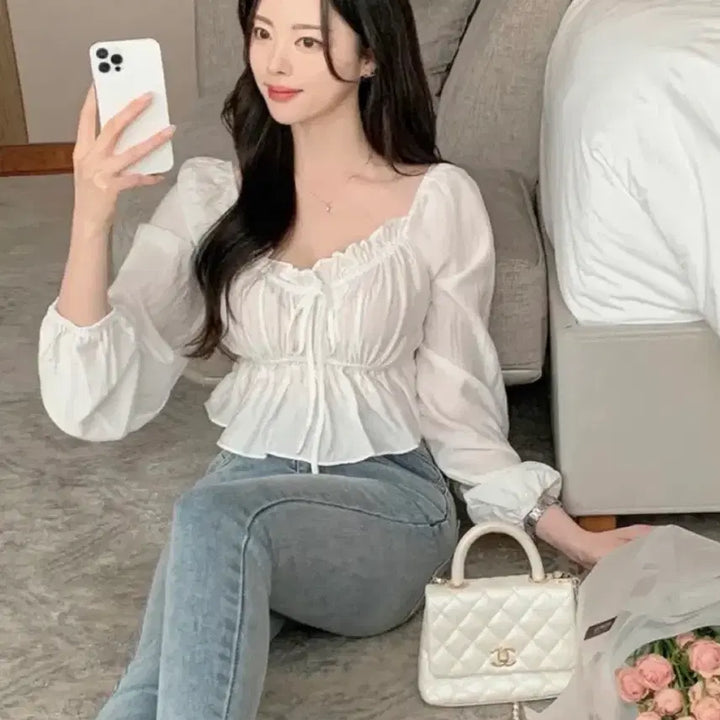 [SOLD OUT] 아이보리 스모크 밴딩 블라우스