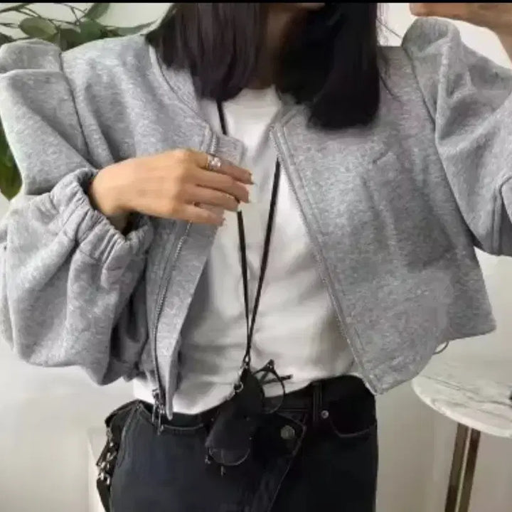 [BUNJANG] Puff Sleeve Fleece Jumper + Black Denim Button Skirt / 퍼프소매 기모점퍼 + 흑청버튼스커트