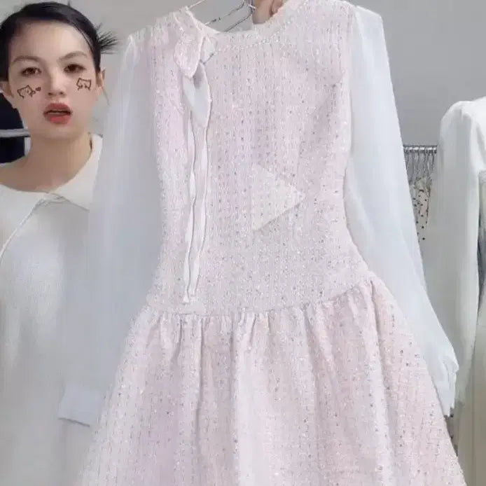 [BUNJANG] Pink Tweed See-Through Long Sleeve Mini Dress / 핑크 트위드 시스루 롱슬리브 미니 원피스