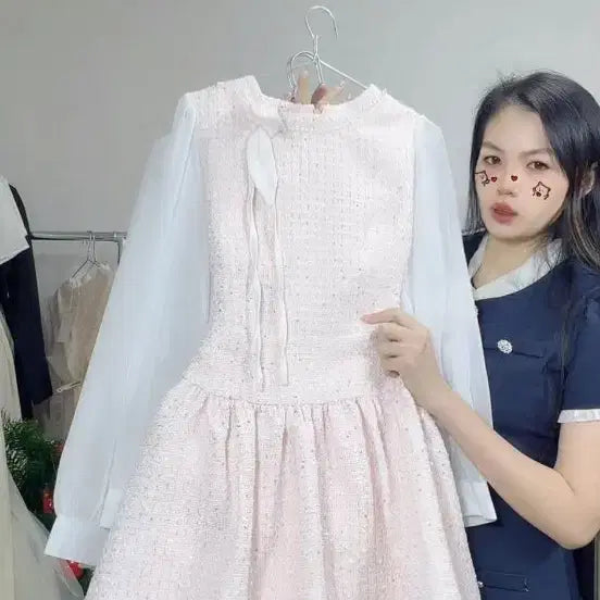 [BUNJANG] Pink Tweed See-Through Long Sleeve Mini Dress / 핑크 트위드 시스루 롱슬리브 미니 원피스