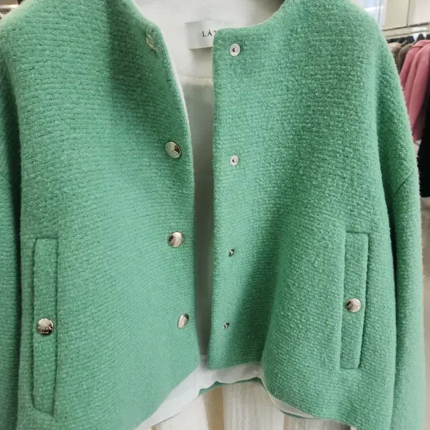 [BUNJANG] Hansum Rete by Mint Tweed No Collar Jacket / 한섬 래트바이 민트 트위드 노카라 자켓