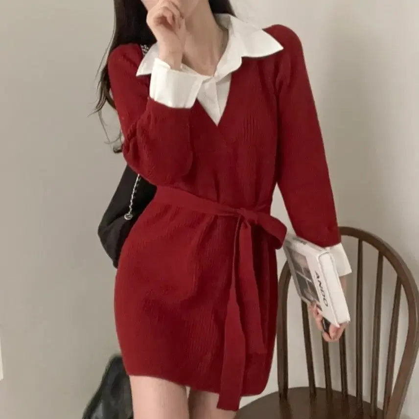 [BUNJANG] Layered Waist Tie Knit Mini Dress / 셔츠 레이어드 허리끈 니트 미니 원피스