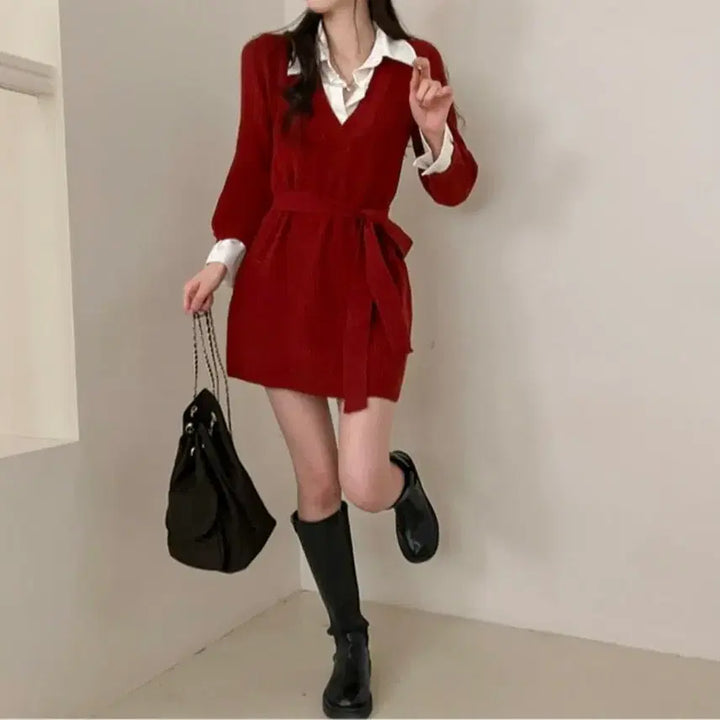 [BUNJANG] Layered Waist Tie Knit Mini Dress / 셔츠 레이어드 허리끈 니트 미니 원피스