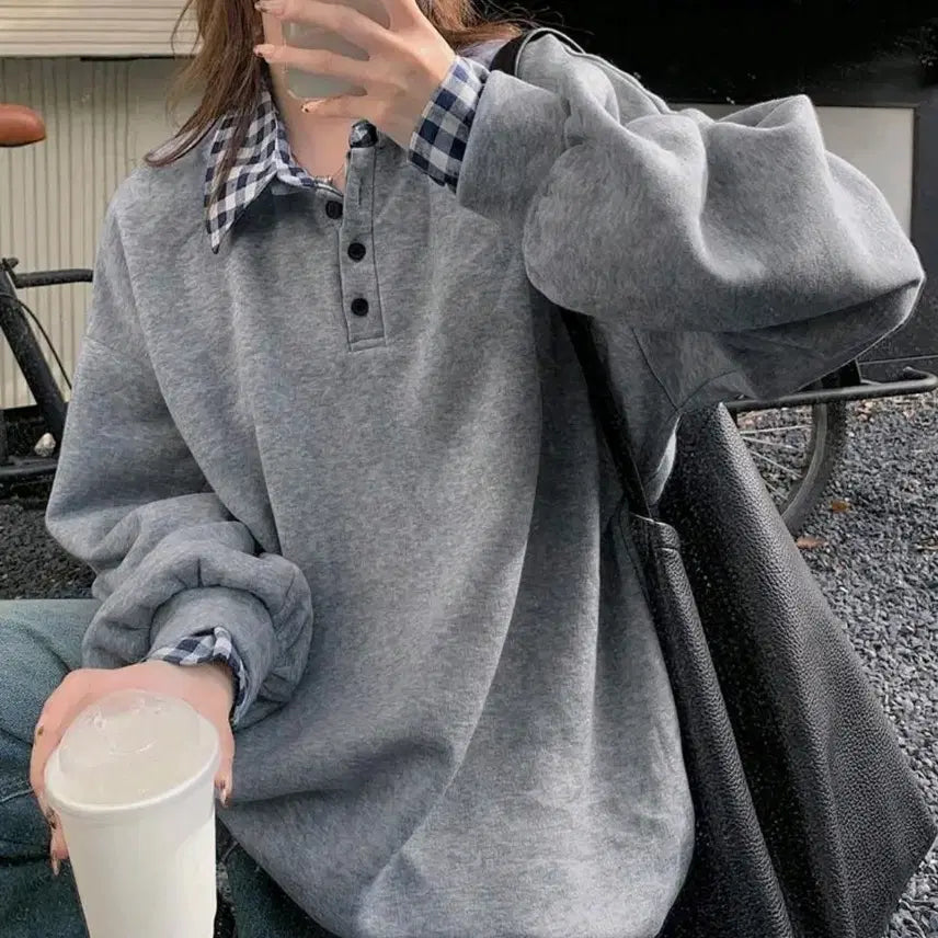 [BUNJANG] Layered Check Gray Sweatshirt / 체크 레이어드 회색 맨투맨