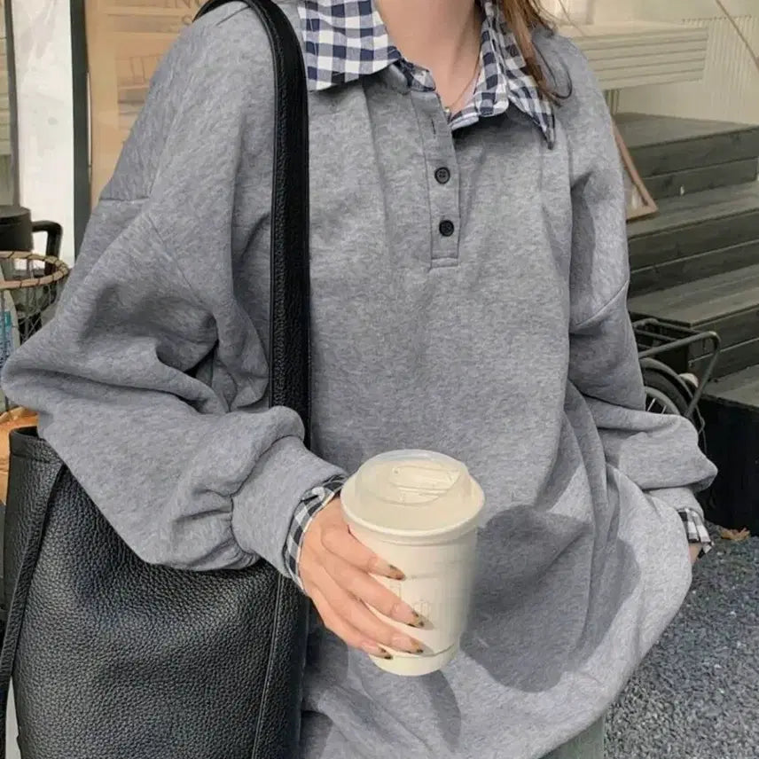 [BUNJANG] Layered Check Gray Sweatshirt / 체크 레이어드 회색 맨투맨