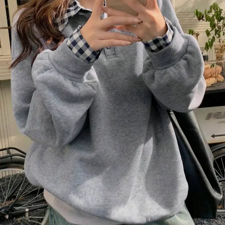 [BUNJANG] Layered Check Gray Sweatshirt / 체크 레이어드 회색 맨투맨