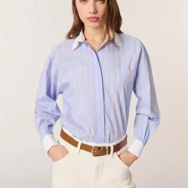[BUNJANG] Maje Beaded Collar Striped Shirt / 마쥬 비즈칼라 스트라이프 셔츠