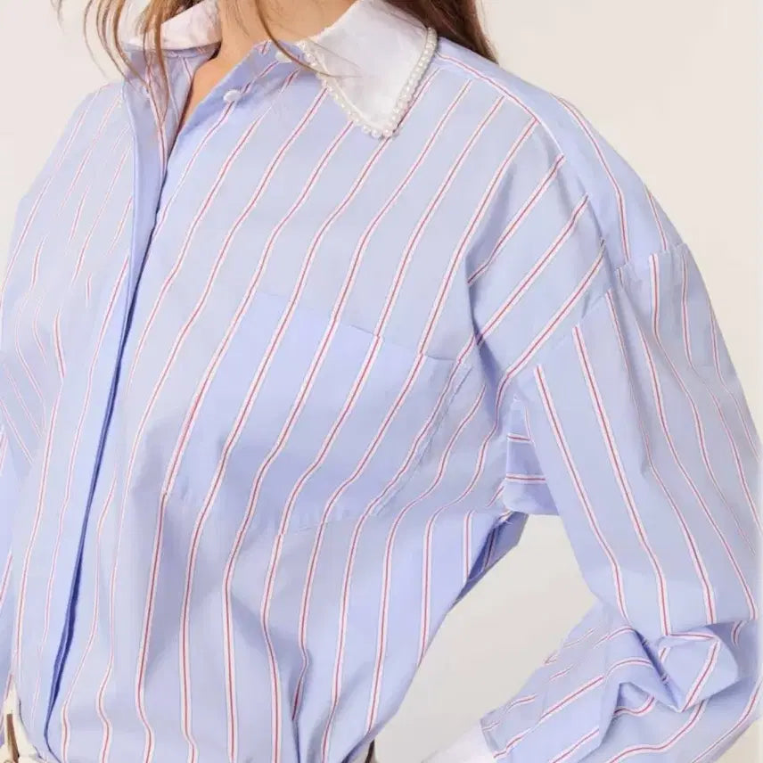 [BUNJANG] Maje Beaded Collar Striped Shirt / 마쥬 비즈칼라 스트라이프 셔츠