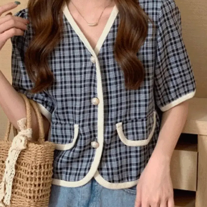 [BUNJANG] Checkered Short-Sleeve Cardigan Jacket / 체크 반팔 가디건 자켓 스타일
