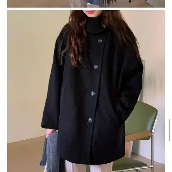 [BUNJANG] Black High Neck Half Coat / 블랙하이넥 카라 하프 코트 free
