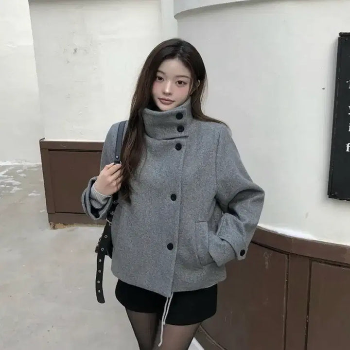 [BUNJANG] Ably High Neck Button Short Coat - Gray / 에이블리 하이넥 버튼 숏 코트 그레이