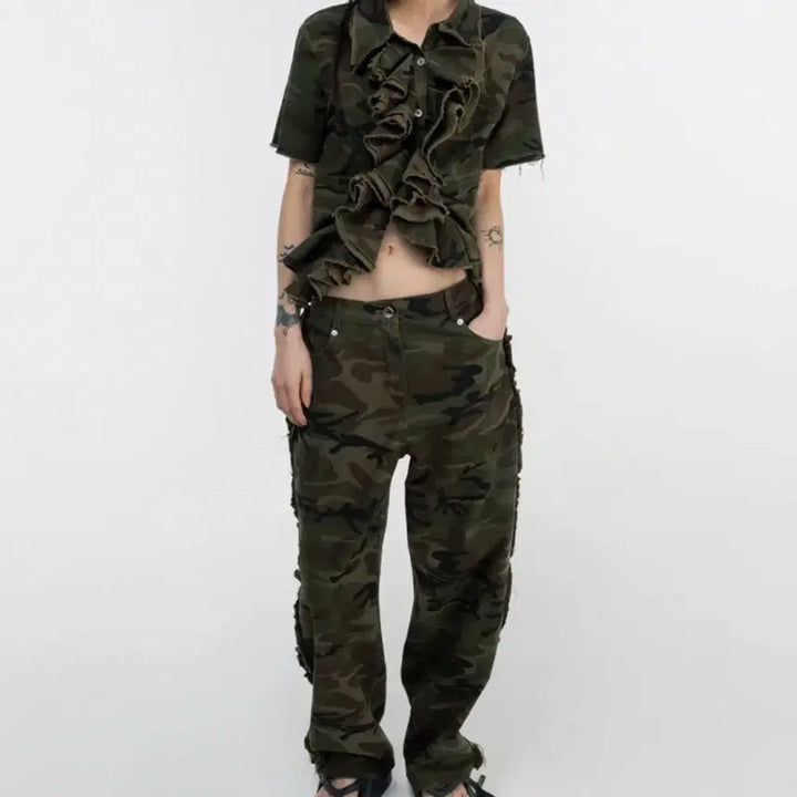 [BUNJANG] ONE SIZE Cotton Frill Camo Pants / (OS)김미더영 코튼 프릴 카모 팬츠