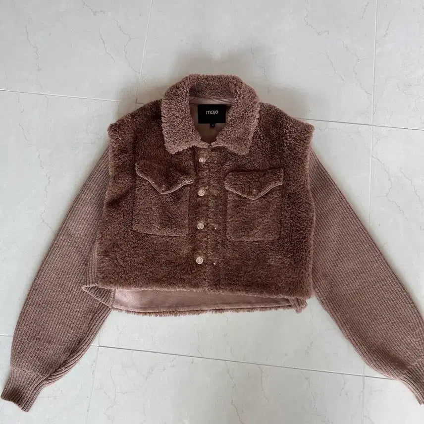 [BUNJANG] Maje Faux Fur Knit Blouson Brown Jacket / 마쥬 페이크퍼 니트 블루종 브라운 자켓