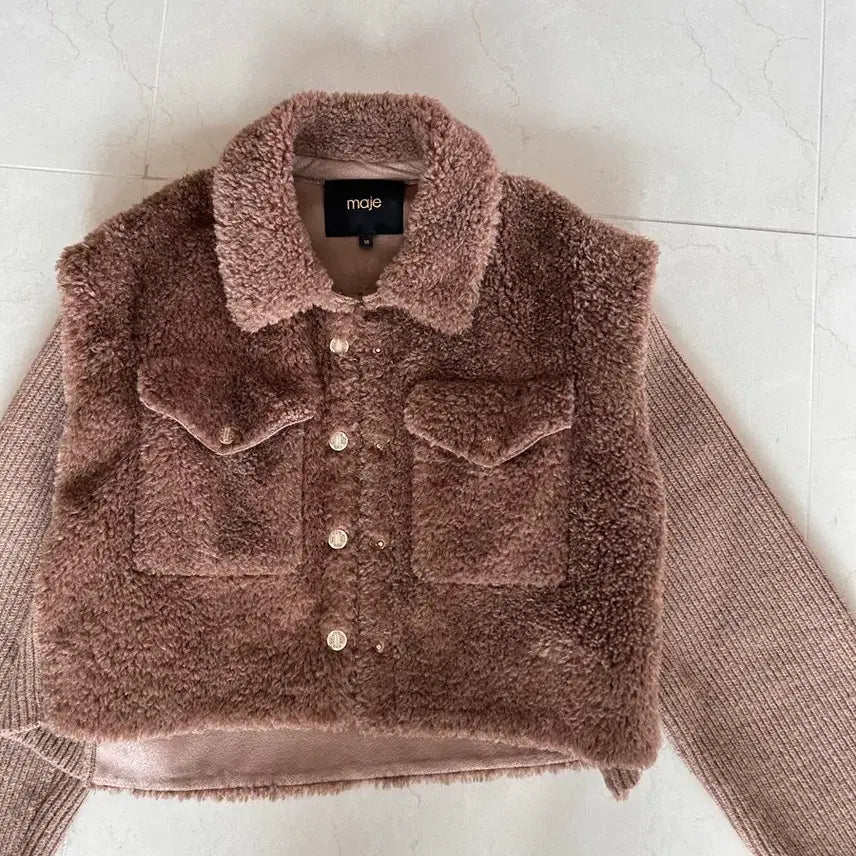 [BUNJANG] Maje Faux Fur Knit Blouson Brown Jacket / 마쥬 페이크퍼 니트 블루종 브라운 자켓