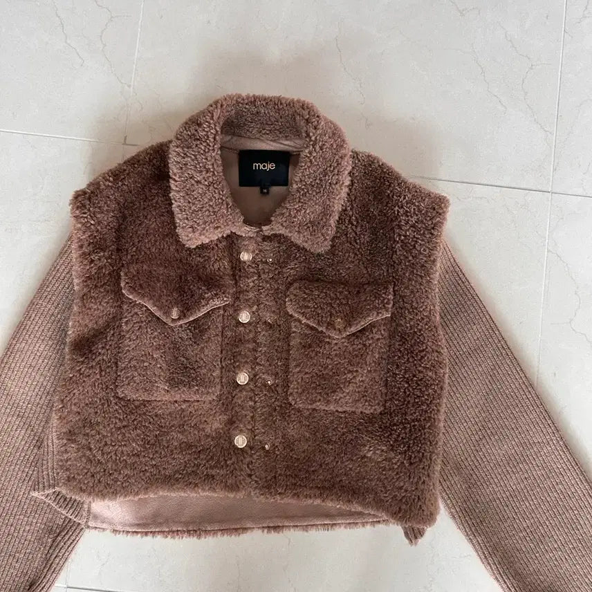 [BUNJANG] Maje Faux Fur Knit Blouson Brown Jacket / 마쥬 페이크퍼 니트 블루종 브라운 자켓