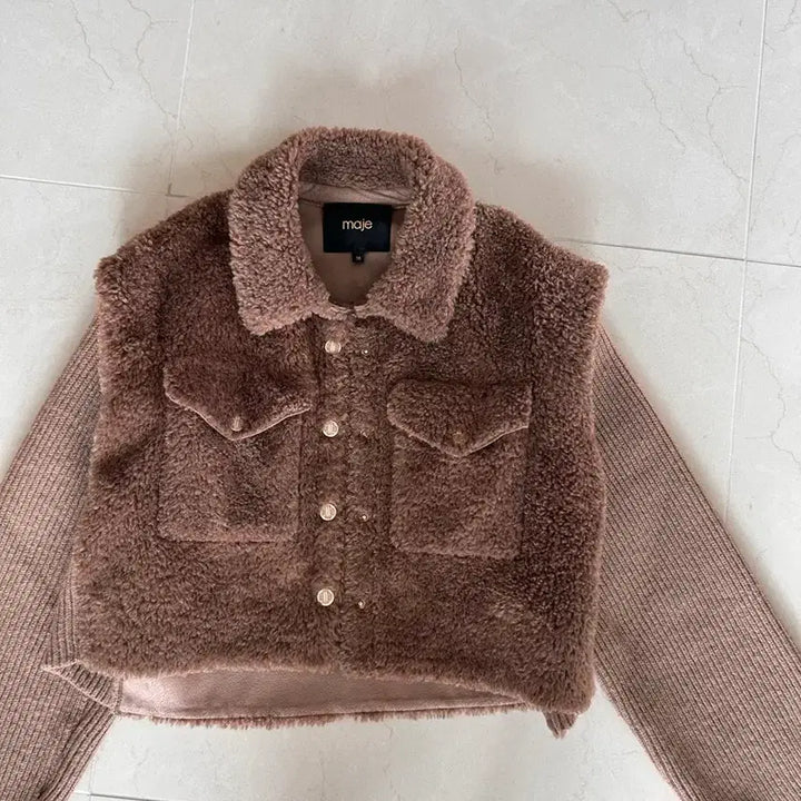 [BUNJANG] Maje Faux Fur Knit Blouson Brown Jacket / 마쥬 페이크퍼 니트 블루종 브라운 자켓