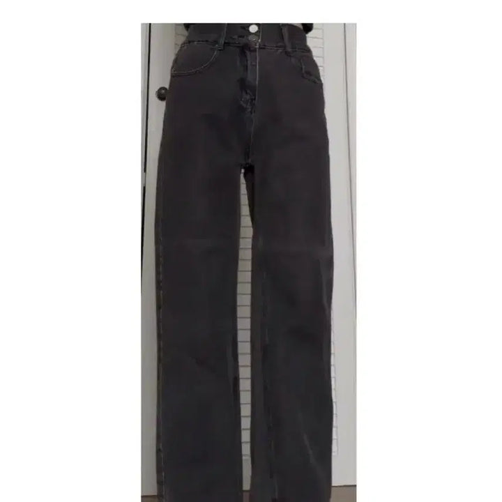[BUNJANG] Two-Button Waist Banding Wide Straight Pants (Black Denim) / 투버튼 허리밴딩 와이드 일자 팬츠 (흑청)